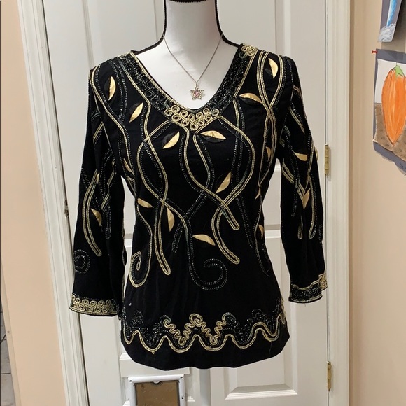 Lauren Michelle Tops - CLEARANCE Black gold embroidered top sz L